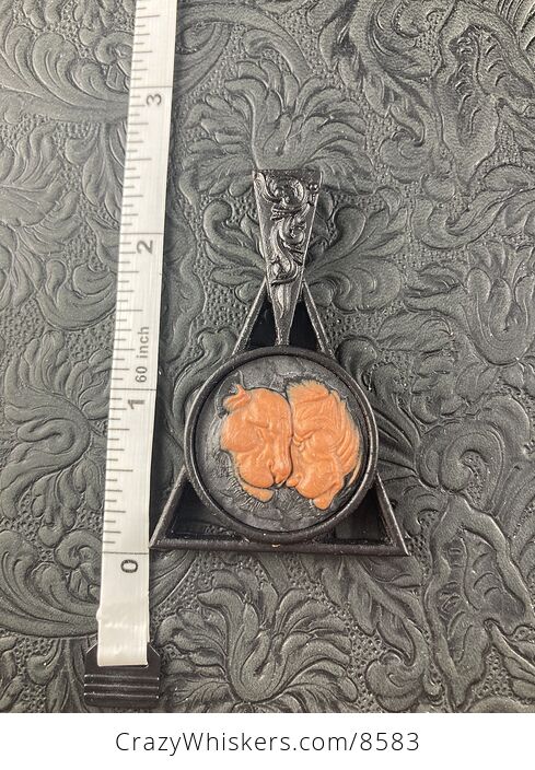Lions Carved Orange Jasper Set on Wood Pendant Jewelry Mini Art Ornament - #1ySFSSPdMfo-4