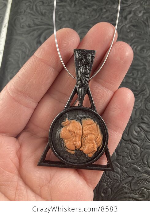 Lions Carved Orange Jasper Set on Wood Pendant Jewelry Mini Art Ornament - #1ySFSSPdMfo-3