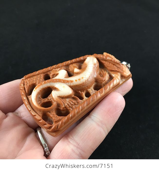 Lizard Carved Red Jasper Stone Pendant Jewelry - #EktlyAhGq0M-3