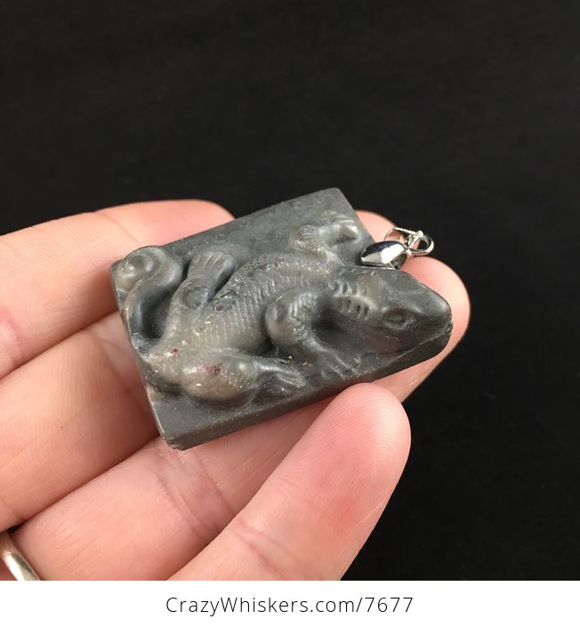 Lizard Carved Ribbon Jasper Stone Pendant Jewelry - #8R4hhMvup2M-3