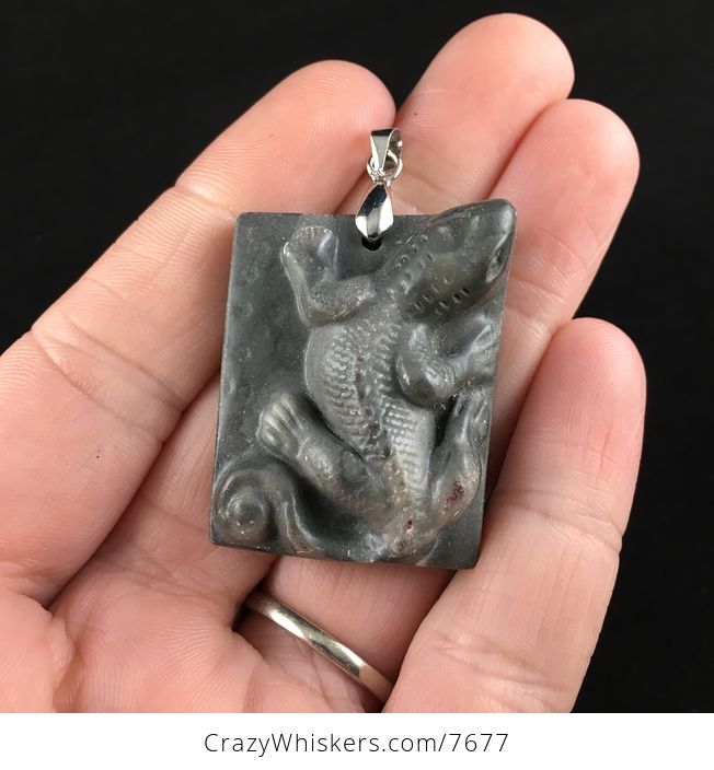 Lizard Carved Ribbon Jasper Stone Pendant Jewelry - #8R4hhMvup2M-1