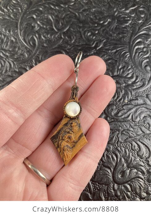 Long Haired Cat Wood and Mother of Pearl Pendant Ornament Mini Art Jewelry - #uJfbrx5R6iM-2