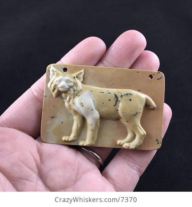 Lynx Bobcat Carved Ribbon Jasper Stone Pendant Jewelry - #ECGtgH1eyac-1