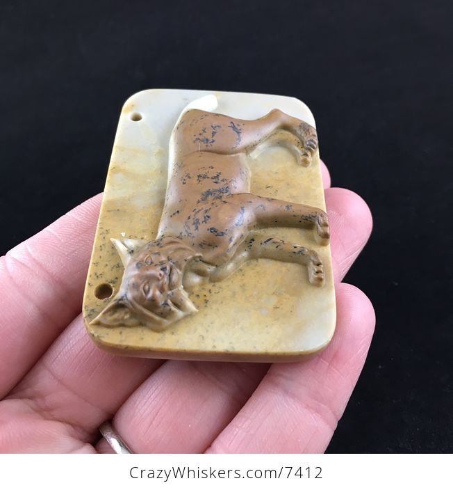 Lynx Bobcat Carved Ribbon Jasper Stone Pendant Jewelry - #czR988eAPV4-4