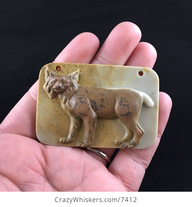 Lynx Bobcat Carved Ribbon Jasper Stone Pendant Jewelry - #czR988eAPV4-1