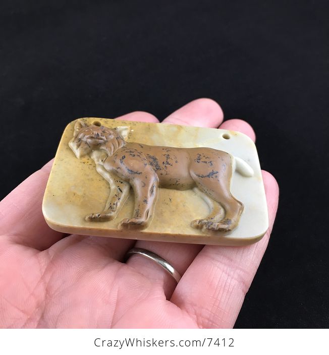 Lynx Bobcat Carved Ribbon Jasper Stone Pendant Jewelry - #czR988eAPV4-2