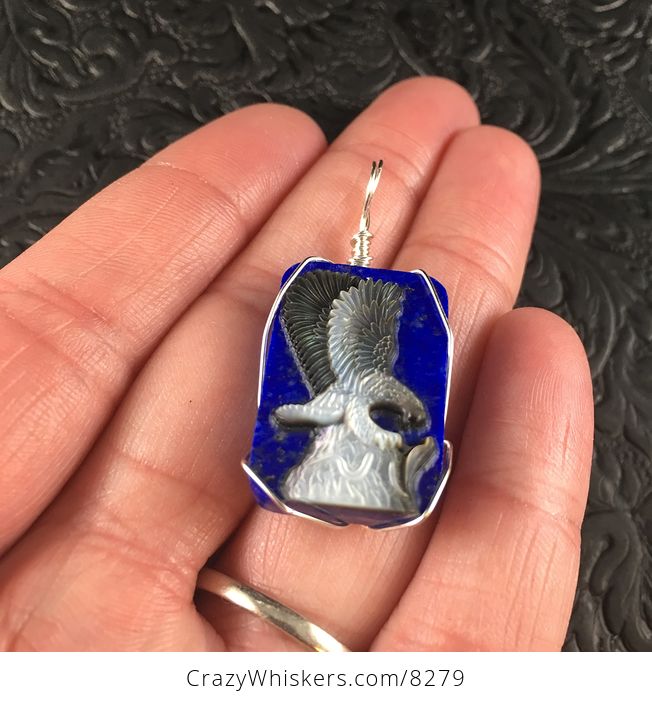 Majestic Eagle and Snake Carved in Mother of Pearl and Set on Lapis Lazuli Stone Jewelry Pendant - #7lcocsGtfas-2