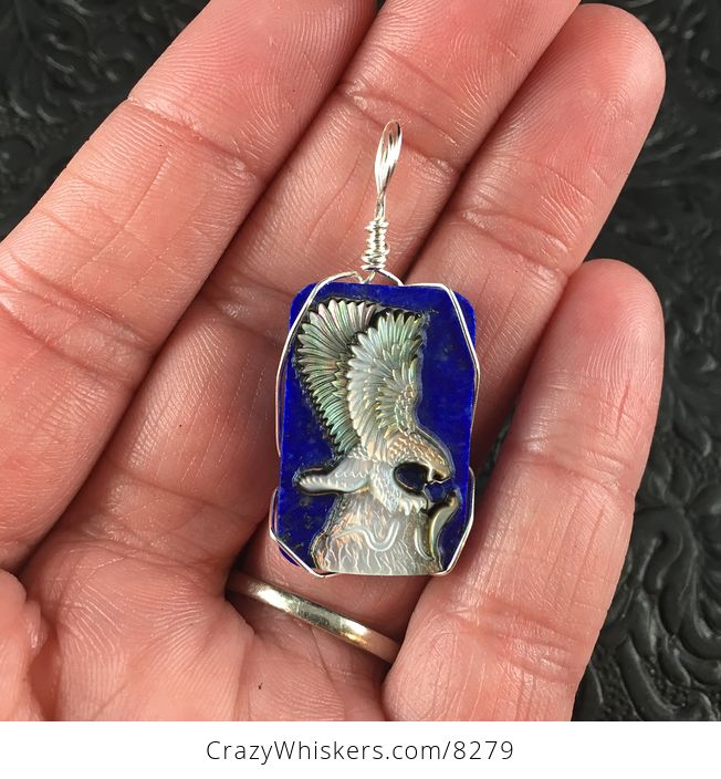Majestic Eagle and Snake Carved in Mother of Pearl and Set on Lapis Lazuli Stone Jewelry Pendant - #7lcocsGtfas-1