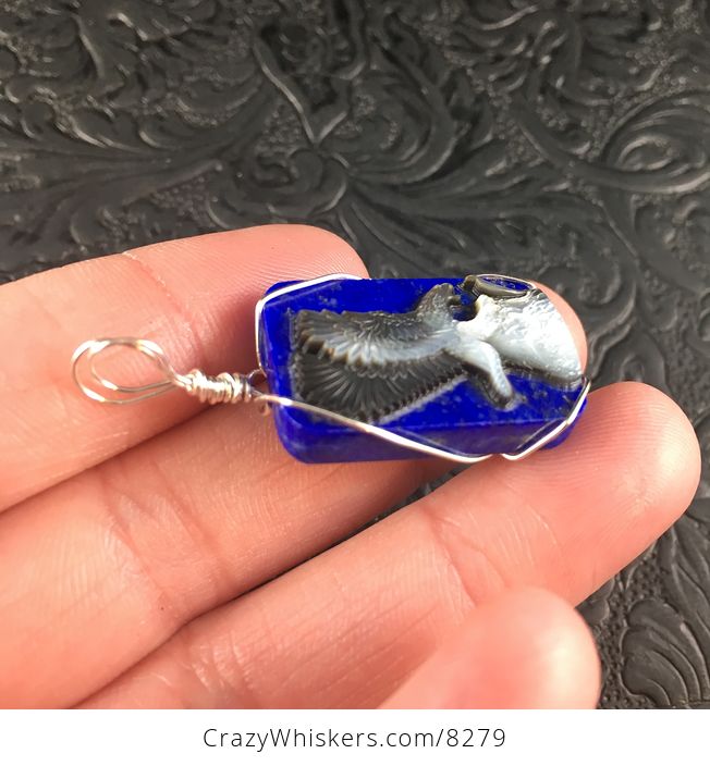 Majestic Eagle and Snake Carved in Mother of Pearl and Set on Lapis Lazuli Stone Jewelry Pendant - #7lcocsGtfas-4