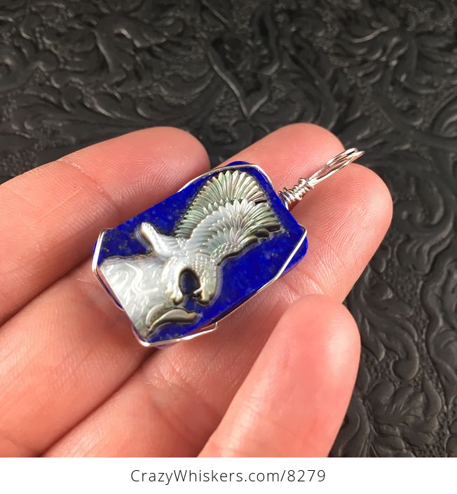 Majestic Eagle and Snake Carved in Mother of Pearl and Set on Lapis Lazuli Stone Jewelry Pendant - #7lcocsGtfas-3