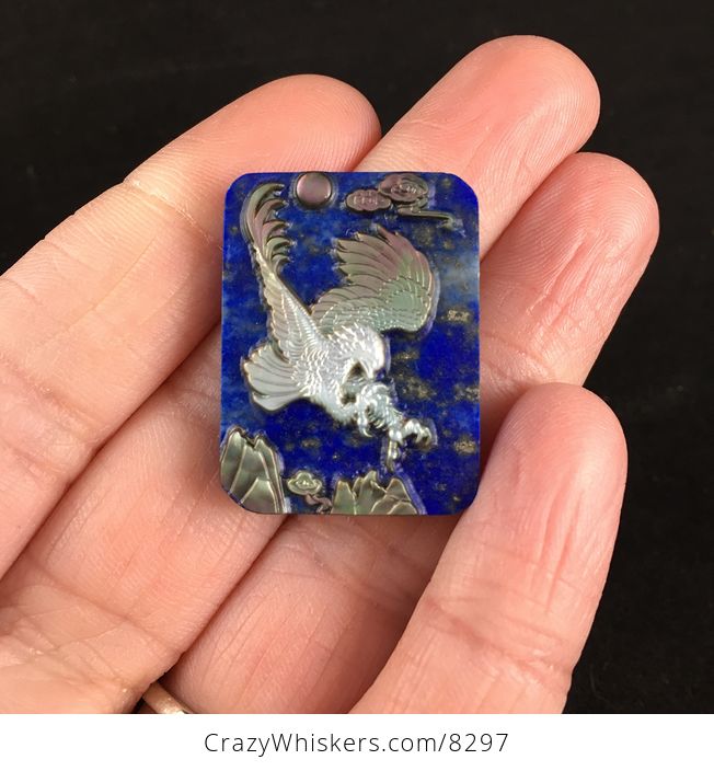 Majestic Eagle Carved in Mother of Pearl and Set on Lapis Lazuli Stone Jewelry Pendant - #hFRtStoS9A4-1