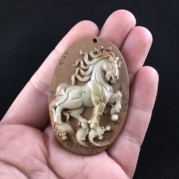 Majestic Stallion Horse Carved Ribbon Jasper Stone Pendant #OzKgdDP7rss