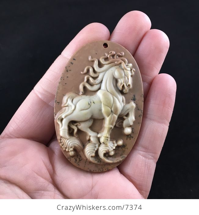 Majestic Stallion Horse Carved Ribbon Jasper Stone Pendant - #OzKgdDP7rss-1