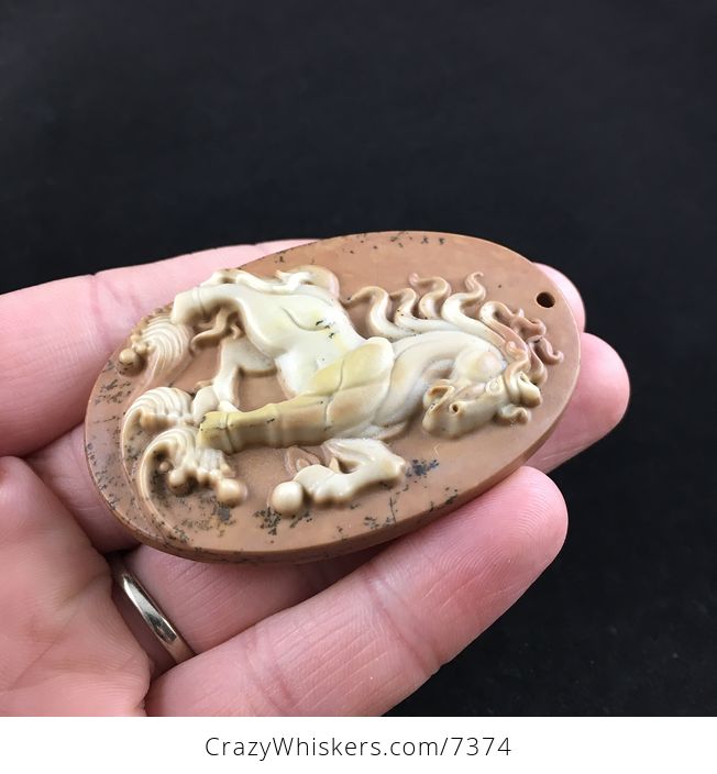 Majestic Stallion Horse Carved Ribbon Jasper Stone Pendant - #OzKgdDP7rss-3