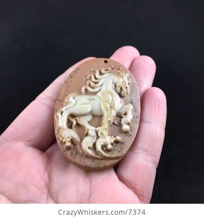 Majestic Stallion Horse Carved Ribbon Jasper Stone Pendant - #OzKgdDP7rss-2