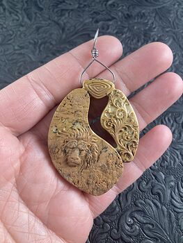 Male Lion and Flourishes Carved Jasper Stone Pendant Jewelry Mini Art Ornament #SAqjrKhblz8
