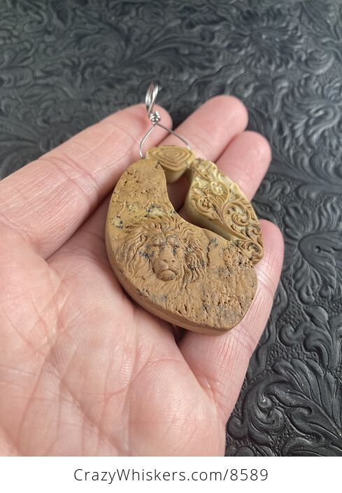 Male Lion and Flourishes Carved Jasper Stone Pendant Jewelry Mini Art Ornament - #SAqjrKhblz8-2