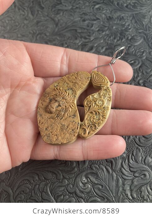 Male Lion and Flourishes Carved Jasper Stone Pendant Jewelry Mini Art Ornament - #SAqjrKhblz8-3