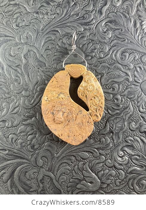 Male Lion and Flourishes Carved Jasper Stone Pendant Jewelry Mini Art Ornament - #SAqjrKhblz8-4