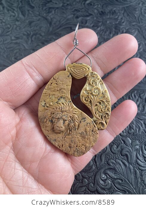 Male Lion and Flourishes Carved Jasper Stone Pendant Jewelry Mini Art Ornament - #SAqjrKhblz8-1