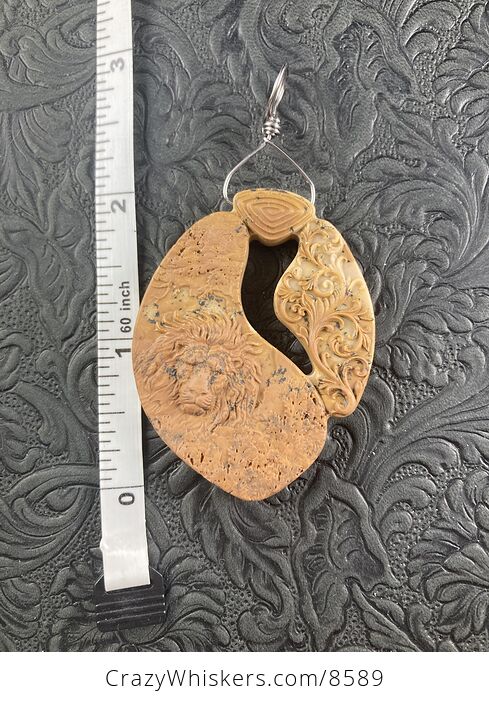 Male Lion and Flourishes Carved Jasper Stone Pendant Jewelry Mini Art Ornament - #SAqjrKhblz8-7
