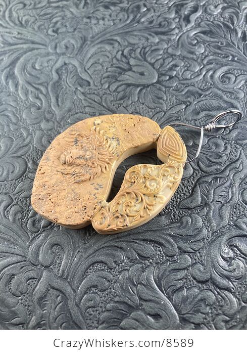 Male Lion and Flourishes Carved Jasper Stone Pendant Jewelry Mini Art Ornament - #SAqjrKhblz8-6