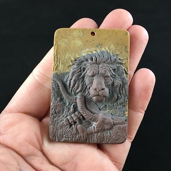 Male Lion and Prey Carved Ribbon Jasper Stone Pendant Jewelry #LTUeun3rSfo