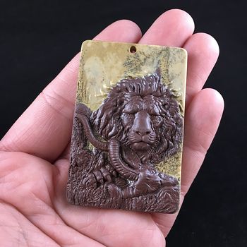 Male Lion and Prey Carved Ribbon Jasper Stone Pendant Jewelry #nhVWL305Prw