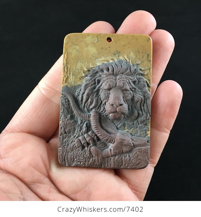 Male Lion and Prey Carved Ribbon Jasper Stone Pendant Jewelry - #LTUeun3rSfo-1