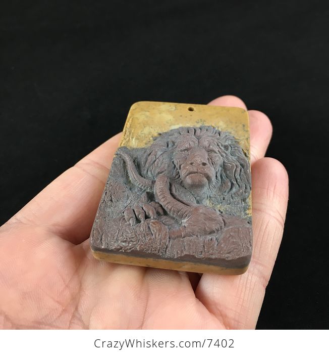 Male Lion and Prey Carved Ribbon Jasper Stone Pendant Jewelry - #LTUeun3rSfo-2