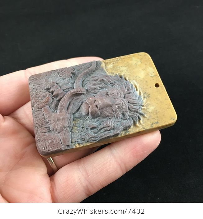 Male Lion and Prey Carved Ribbon Jasper Stone Pendant Jewelry - #LTUeun3rSfo-3