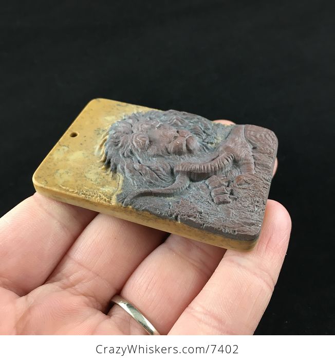 Male Lion and Prey Carved Ribbon Jasper Stone Pendant Jewelry - #LTUeun3rSfo-4