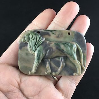 Male Lion Carved Green and Brown Ribbon Jasper Stone Pendant Jewelry #wTsyQLt0IC0