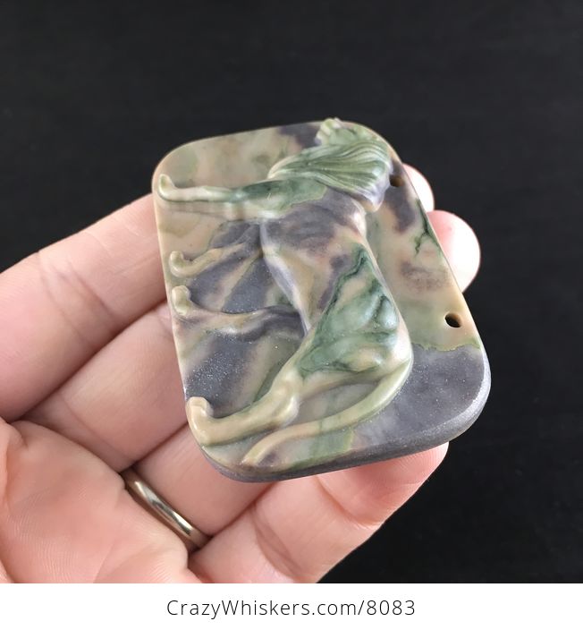 Male Lion Carved Green and Brown Ribbon Jasper Stone Pendant Jewelry - #wTsyQLt0IC0-3