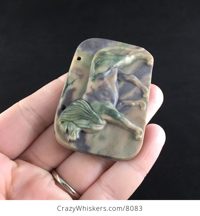 Male Lion Carved Green and Brown Ribbon Jasper Stone Pendant Jewelry - #wTsyQLt0IC0-4