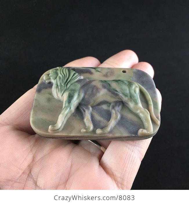 Male Lion Carved Green and Brown Ribbon Jasper Stone Pendant Jewelry - #wTsyQLt0IC0-2