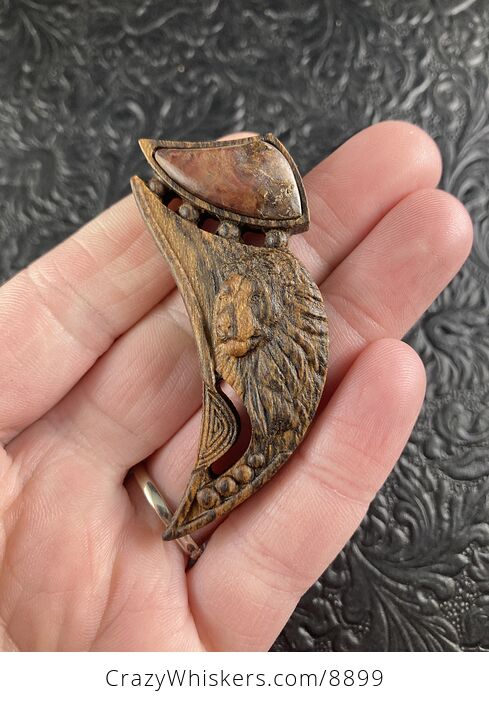Male Lion Carved in Wood Pendant Jewelry Mini Art Ornament - #40sOmGRNbZM-2