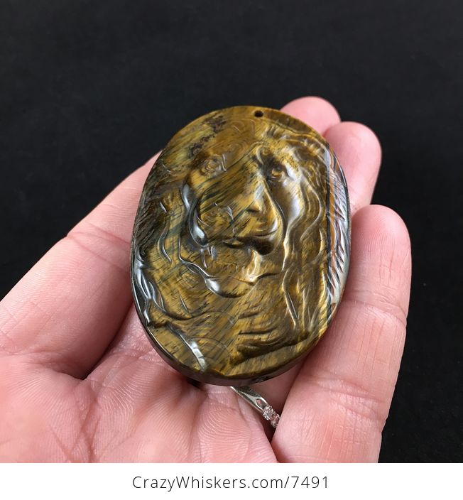 Male Lion Face Carved Tigers Eye Stone Pendant Jewelry - #PJgsTisR5pw-2