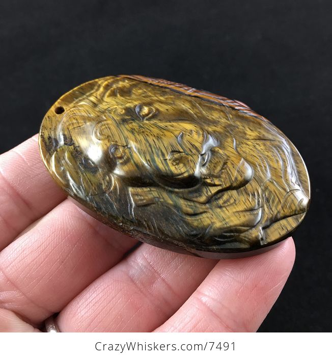 Male Lion Face Carved Tigers Eye Stone Pendant Jewelry - #PJgsTisR5pw-4