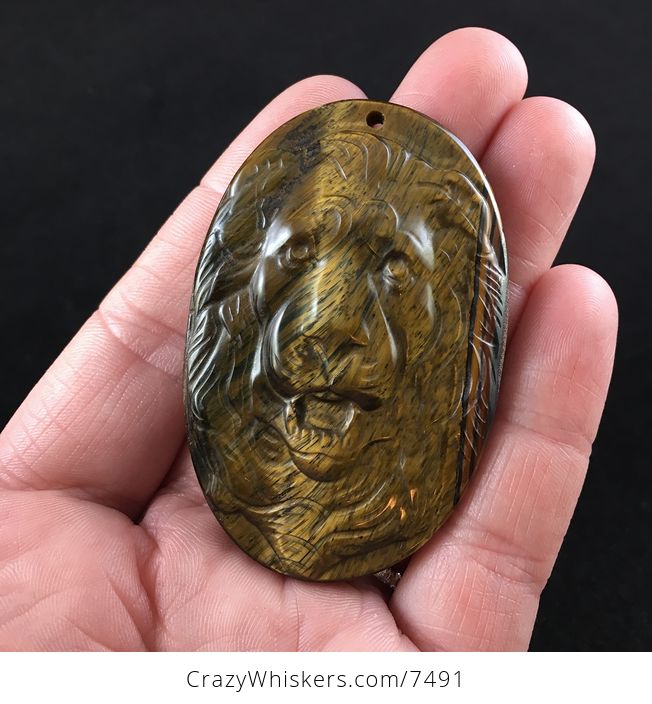 Male Lion Face Carved Tigers Eye Stone Pendant Jewelry - #PJgsTisR5pw-1