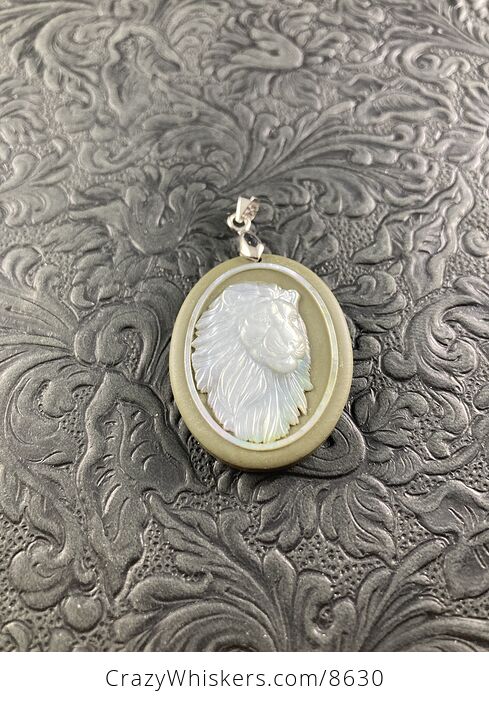 Male Lion Mother of Pearl Carved and Jasper Stone Jewelry Pendant - #hovxlijox2k-5