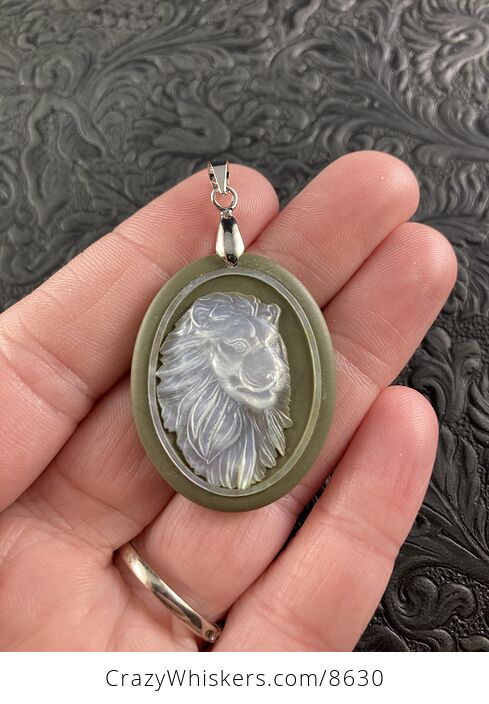 Male Lion Mother of Pearl Carved and Jasper Stone Jewelry Pendant - #hovxlijox2k-1
