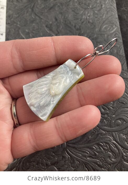 Male Lion Mother of Pearl Carved and Lemon Jade Stone Jewelry Pendant - #0QiVTq6iqns-4