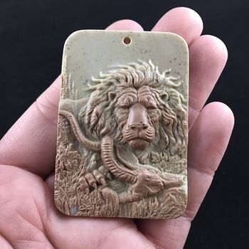 Male Lion with Prey Carved Ribbon Jasper Stone Pendant Jewelry #9pyRIIEsMms