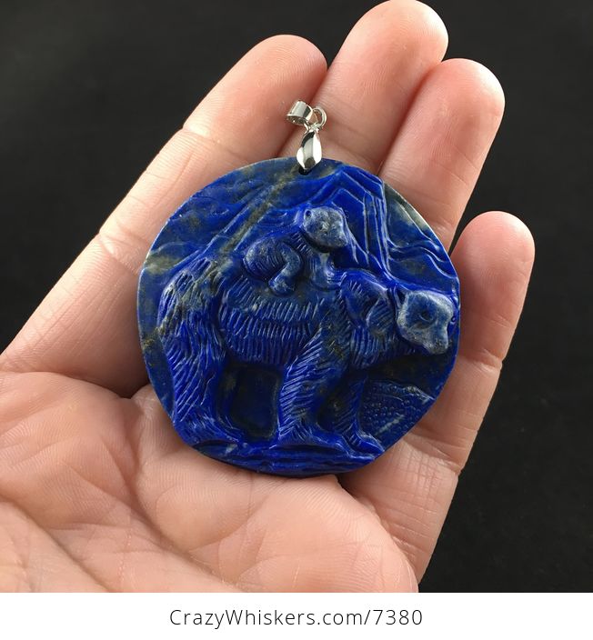Mamma Bear and Cub Carved Lapis Lazuli Stone Pendant Jewelry - #Xp2VpB22PwI-1
