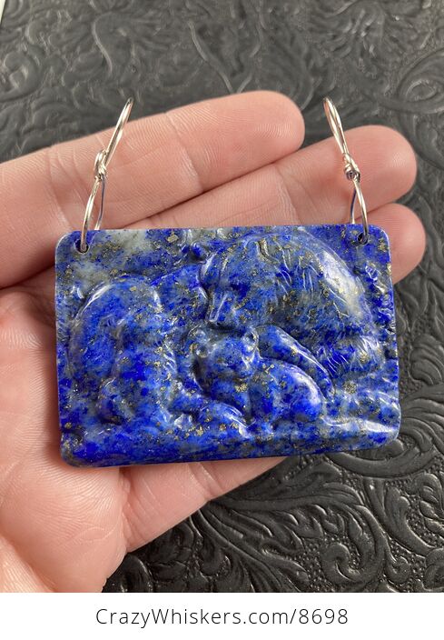 Mamma Bear and Cubs Carved Lapis Lazuli Stone Pendant Jewelry Mini Art Ornament - #xlQbALzrgi4-1