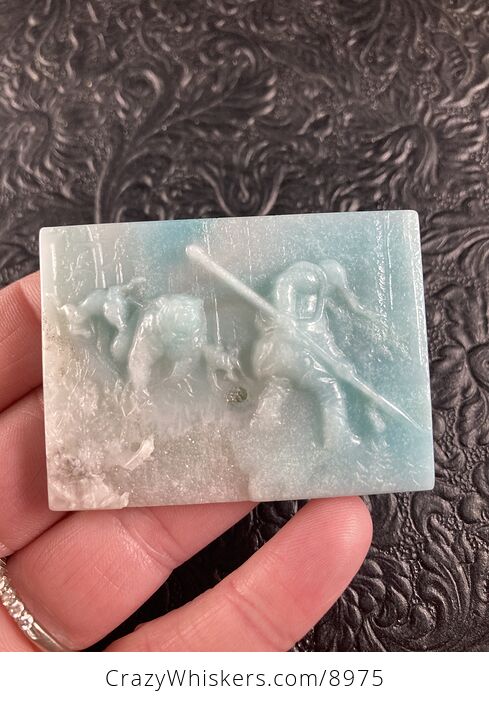 Man and Dogs Hunting a Bear Carved Mini Art Amazonite Stone Pendant Cabochon Jewelry - #iCVtr0OeSj4-4