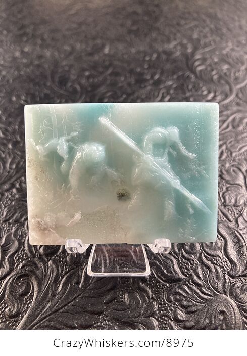 Man and Dogs Hunting a Bear Carved Mini Art Amazonite Stone Pendant Cabochon Jewelry - #iCVtr0OeSj4-1