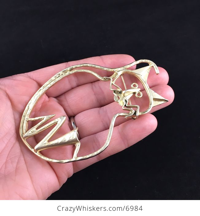 Massive Gold Toned Kitty Cat Shoulder Brooch Pin Jewelry - #jmvIytZ85pQ-3