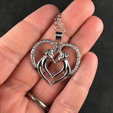 Monkey Couple Forming a Heart Silver and Rhinestone Jewelry Necklace Pendant #BQCeg4aESNQ